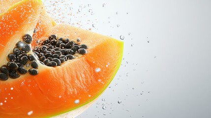 Fresh cut melon slices with water droplets on a light background.