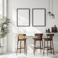 Minimalist Kitchen Design With Wooden Stools And Blank Frames
