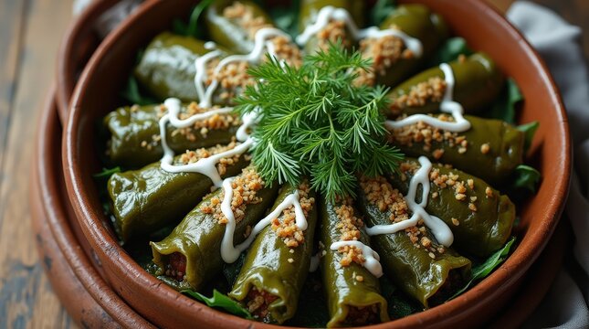 Traditional Bulgarian Sarmi made with vine leaves and stuffed with rice and meat
