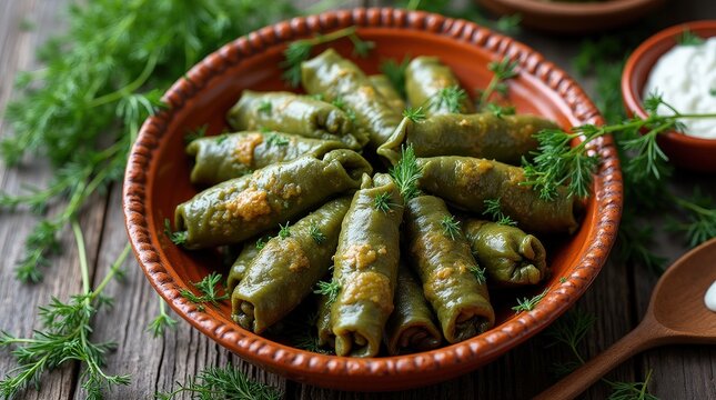 Traditional Bulgarian sarmi with vine leaves stuffed with rice and meat