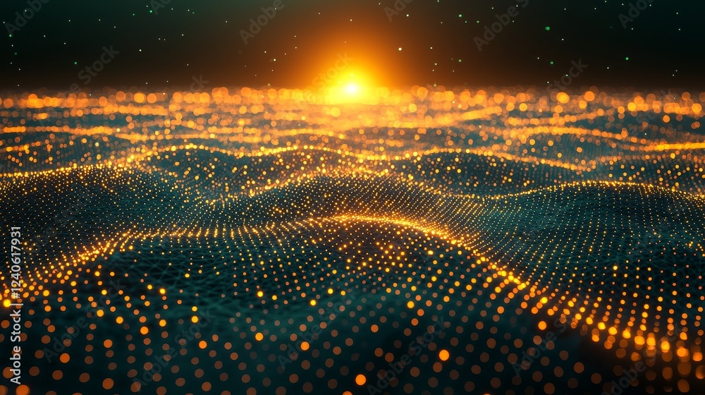 Poster wave 3d. wave of particles. abstract green geometric background. big data visualization. data techno