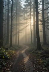 Fototapeta premium A sunbeam cutting through a misty forest, creating a magical and ethereal atmosphere. Perfect for fantasy, nature, and mystical themes.