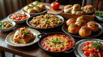Obraz premium Delightful Bulgarian feast with traditional dishes on rustic wooden table