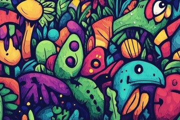 Vibrant Colorful Abstract Doodle Art Featuring Fantasy Creatures and Plants