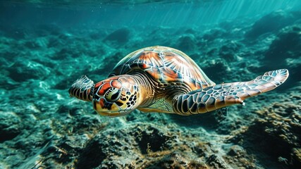 Obraz premium A vibrant sea turtle swimming gracefully underwater