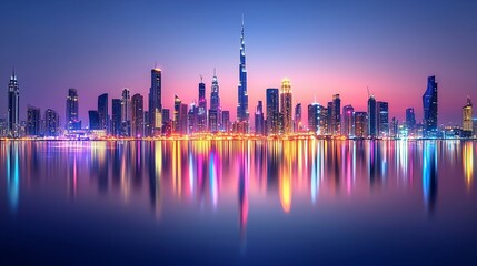 Obraz premium Dubai skyline twilight, colorful city reflection, urban waterfront, night cityscape, travel poster