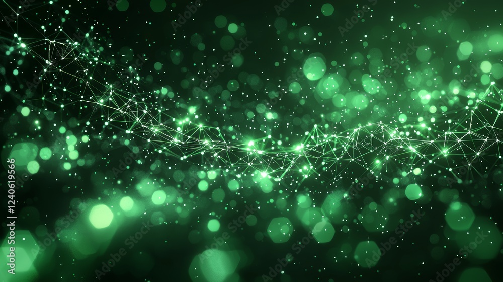 Poster abstract green background featuring moving lines and dots, symbolizing big data, technology, and sci