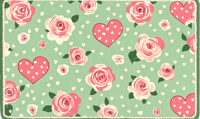 A charming floral pattern featuring pink roses and hearts on a mint green background, perfect for romantic themes and designs.