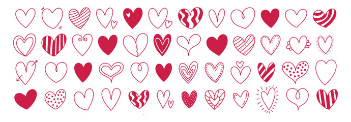 Cute simple doodle hearts sketch set. Different hand drawn heart icon love collection isolated on white background. Red heart symbol for Valentines Day