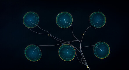 Aerial view of glowing circular shapes and lines forming a beautiful pattern, Senja Island, Lofoten, Norway.