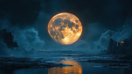Mystical moonrise over serene waters dramatic landscape nighttime atmospheric view peaceful reflection