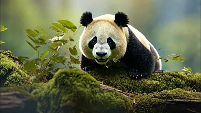 Adorable panda exploring lush greenery in a tranquil forest setting during sunny afternoon light