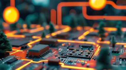 A futuristic circuit board with glowing orange pathways and trees