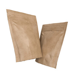 3D Realistic blank pouch bag craft paper mockup with zipper isolated. Ziplock bag product containers for presentation branding coffee, candy, spices, food pouch, snack sachet or resealable packaging