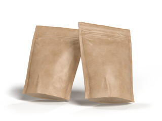 Fototapeta premium 3D Realistic blank pouch bag craft paper mockup with zipper isolated. Ziplock bag product containers for presentation branding coffee, candy, spices, food pouch, snack sachet or resealable packaging