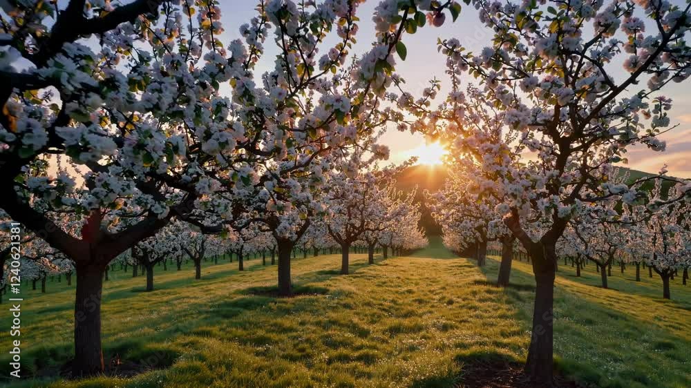 Poster an idyllic orchard view at sunrise, where rows of flowering trees glow in the soft morning rays, set