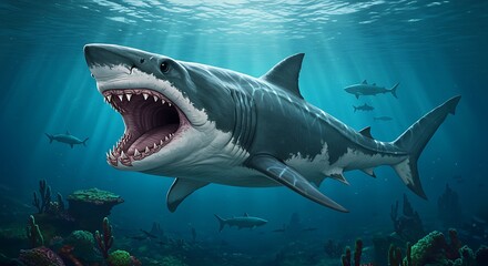 Obraz premium A prehistoric giant shark lurking in the deep, its massive jaws ready to strike.