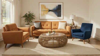 Obraz premium Elegant Living Room Featuring Modern Furniture, Artistic Touches, and Natural Light for a Chic and Inviting Space