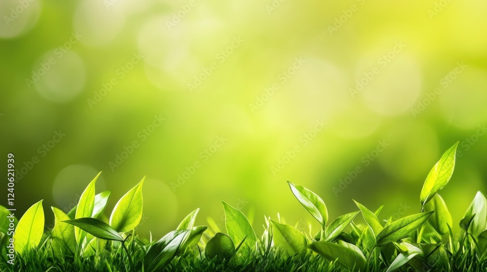 Poster Fresh green leaves glistening in the sunlight with a soft background suitable for text insertion. Generative AI