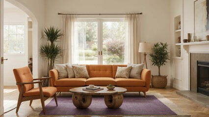 Fototapeta premium Elegant Living Room Featuring Modern Furniture, Artistic Touches, and Natural Light for a Chic and Inviting Space