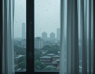 A rainy day view of a bustling city. The rain-streaked windows create a dramatic atmosphere, perfect for conveying feelings of loneliness, isolation, or contemplation.