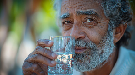 Close-up portrait of an elderly man drinking water, showcasing his weathered face and thoughtful expression. A poignant image of age, hydration, and life's journey.