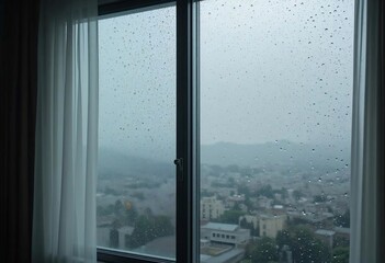 A rainy day view of a bustling city. The rain-streaked windows create a dramatic atmosphere, perfect for conveying feelings of loneliness, isolation, or contemplation.