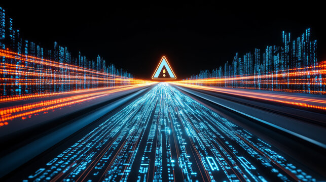 Digital highway with warning symbol and binary code