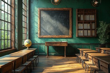 An image of a classroom interior featuring desks, chairs, and an empty green board