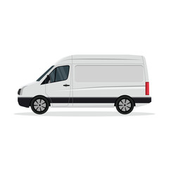 Vector illustration of white or silver van land vehicle in cartoon flat style. Cargo vehicle front, side and rear view. Silver delivery mini van isolated. Delivery Van Mockup for Advertising