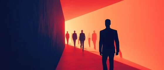 Fototapeta premium Silhouetted figures walking through a vibrant corridor