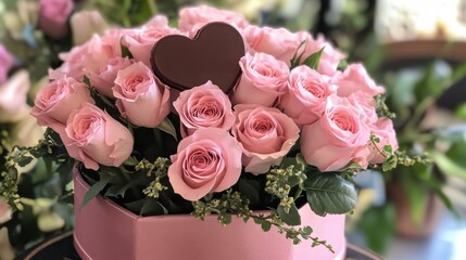 Fototapeta premium Sweet Indulgence: A Romantic Gift of Soft Pink Roses and a Delectable Chocolate Heart, Beautifully Presented in a Heart-Shaped Box, Sure to Delight Your Sweetheart on Valentine's Day or Any Special Da