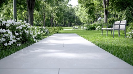 Peaceful park path, benches, flowers, trees, sunlight