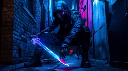 Futuristic Warrior in Neon Alley with Glowing Sword Display