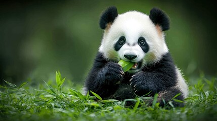 Adorable Giant Panda Enjoying Fresh Bamboo in Natural Habitat