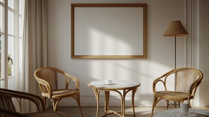 Cozy Minimalist Living Room with Rattan Chairs and Sunlight