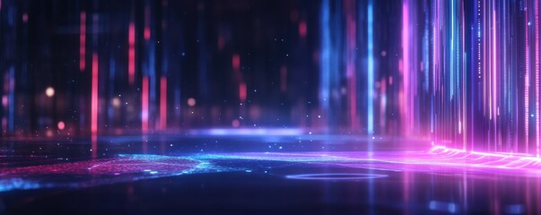 A captivating digital landscape featuring vibrant neon lights and flowing beams, creating a mesmerizing visual experience.