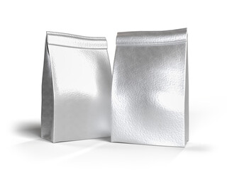 3D Realistic blank pouch bag foil mockup isolated. Bag product containers for presentation branding coffee, candy, spices, food pouch, snack sachet or resealable packaging