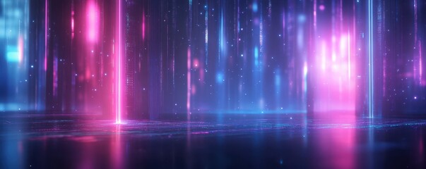 A vibrant abstract scene featuring colorful light beams in pink and blue hues against a dark background, creating a futuristic atmosphere.