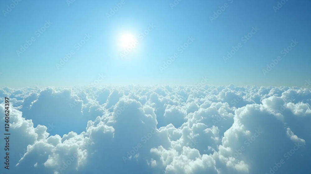 Poster a breathtaking view of a vast expanse filled with soft, fluffy clouds under a brilliant sun in a tra