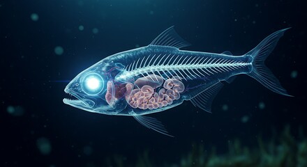 Fototapeta premium A Bizarre Deep-Sea Fish – A fish with transparent skin and glowing eyes, revealing its inner organs.