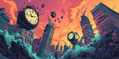 Giant Clocks Fall Upon a Crumbling Cityscape