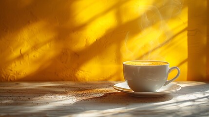 Obraz premium A steaming coffee cup with rich crema on a bright sunflower yellow background, illuminated with soft light to create an energetic and cheerful mood