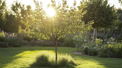 Obraz premium Young Tree Thrives in Golden Light, Symbolizing Growth and Harmony with Nature