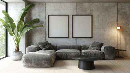 Modern Living Room Interior with Minimalist Design and Green Plant