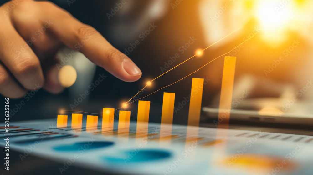 Poster digital smart device display shows colorful data analytics and insights at night in a modern workspa