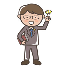 ガッツポーズでやる気満々な男性弁護士の全身イラスト