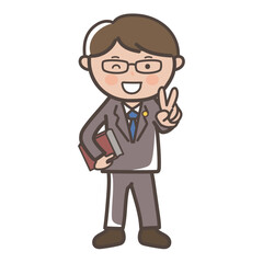 ピースをしてウインクする男性弁護士の全身イラスト