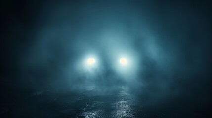 Obraz premium Car headlights approaching through the dark and mysterious fog on an empty road at night.
