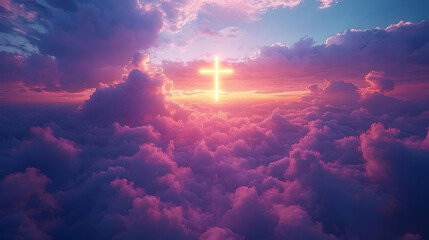 Glowing Cross in Heaven's Sunset Cloudscape